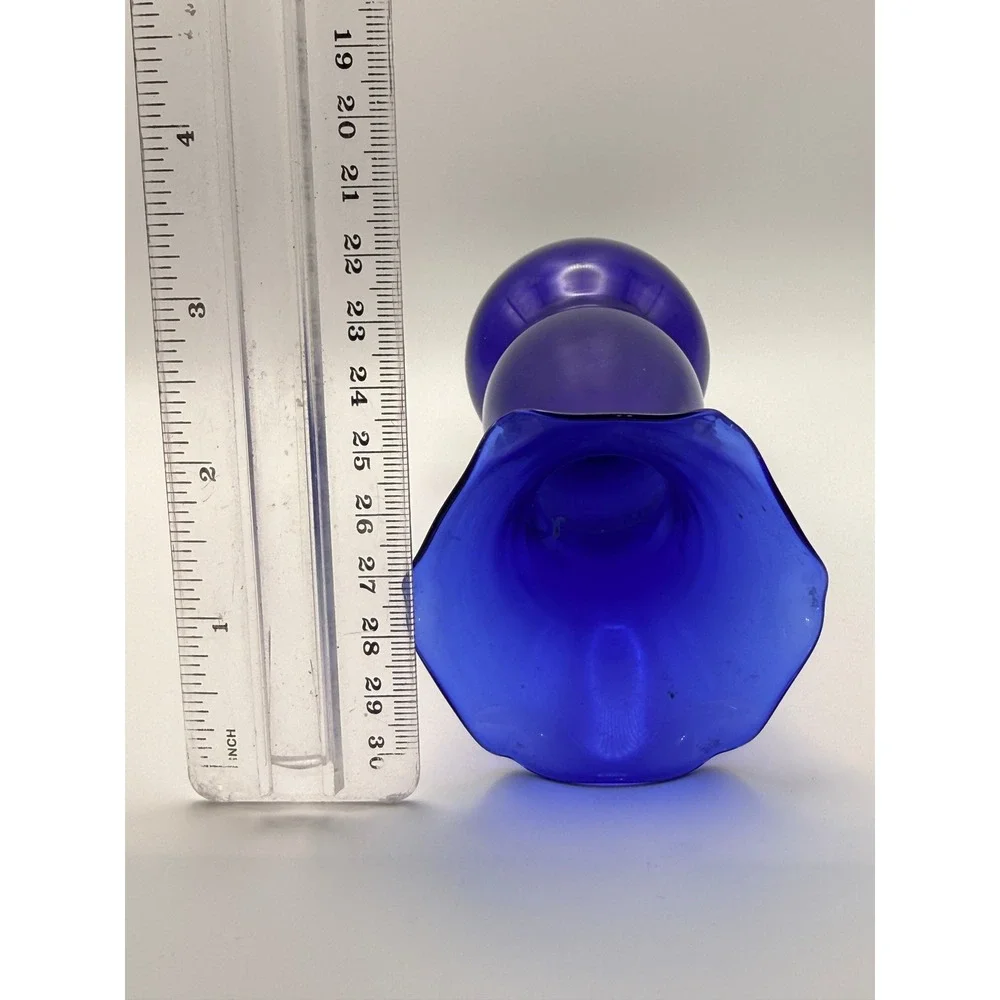 Vintage Cobalt Blue Glass Bud Vase Ruffled Rim Hourglass 8 inch Mid Century